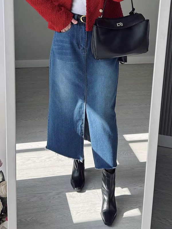 High Waist A Line Fashion Maxi Denim Jeans Long Skirt With Slit - Image 10