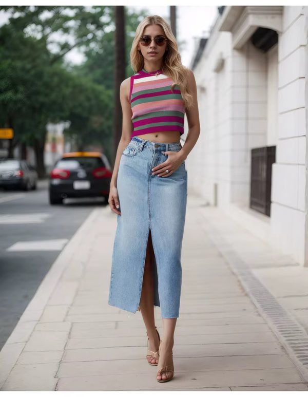 High Waist A Line Fashion Maxi Denim Jeans Long Skirt With Slit - Image 11