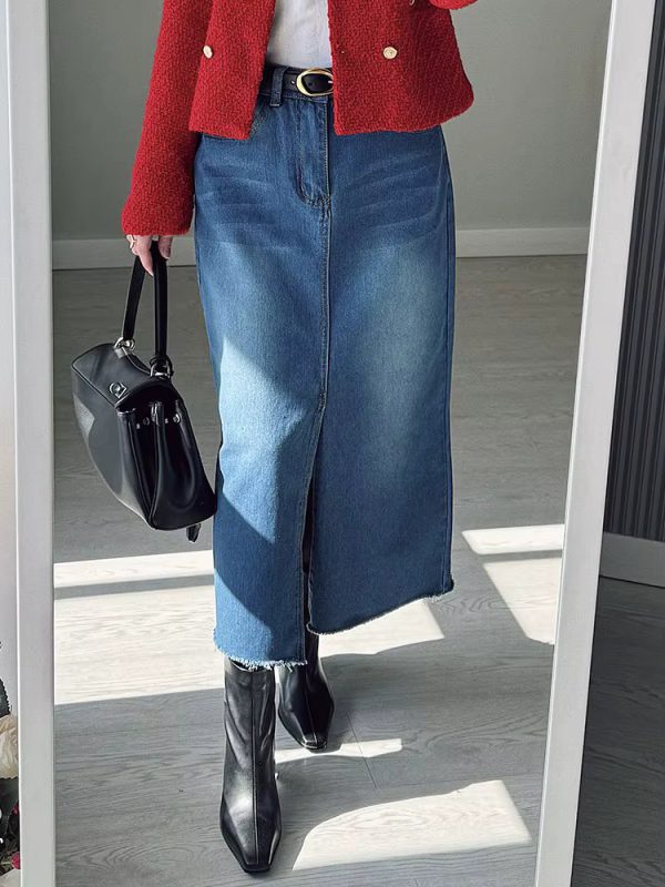 High Waist A Line Fashion Maxi Denim Jeans Long Skirt With Slit - Image 12
