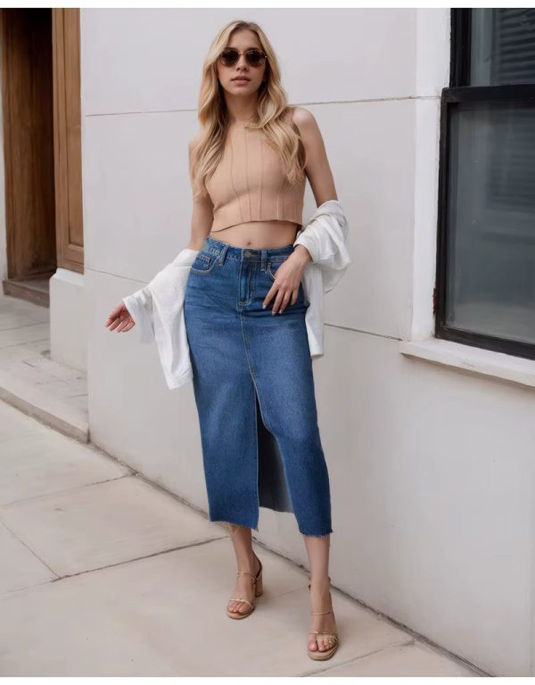 High Waist A Line Fashion Maxi Denim Jeans Long Skirt With Slit - Image 13