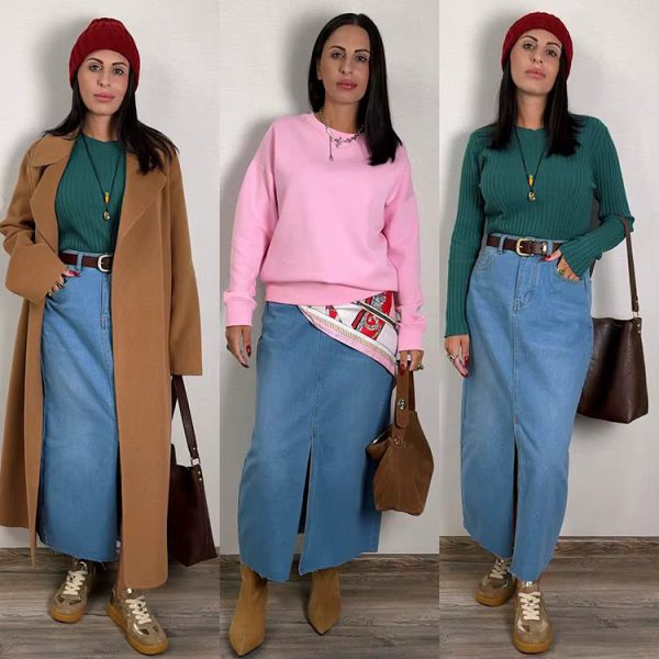High Waist A Line Fashion Maxi Denim Jeans Long Skirt With Slit - Image 14