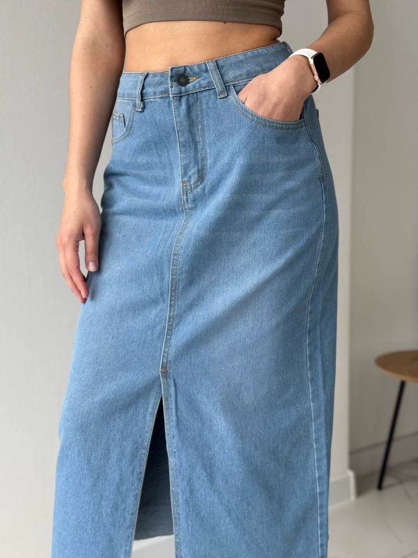 High Waist A Line Fashion Maxi Denim Jeans Long Skirt With Slit - Image 16