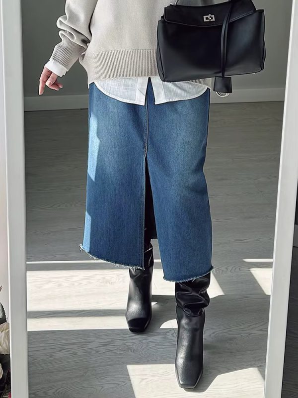 High Waist A Line Fashion Maxi Denim Jeans Long Skirt With Slit - Image 3