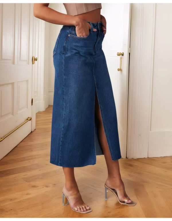 High Waist A Line Fashion Maxi Denim Jeans Long Skirt With Slit - Image 4