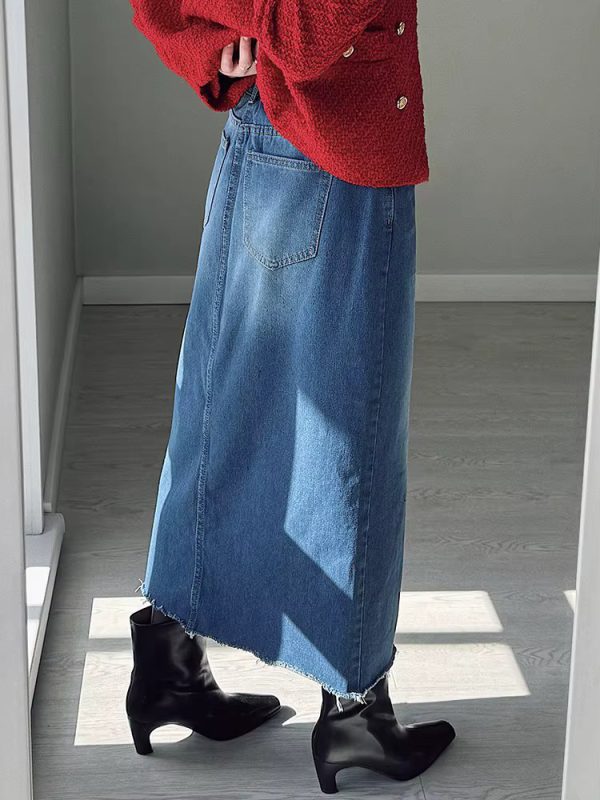 High Waist A Line Fashion Maxi Denim Jeans Long Skirt With Slit - Image 6