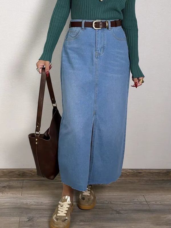 High Waist A Line Fashion Maxi Denim Jeans Long Skirt With Slit - Image 7