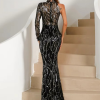 Sequin See Through Long Sleeve Cutout Thigh Split Bodycon Maxi Dresses Gown - Image 3