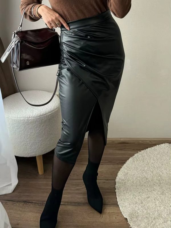 Split High Waist Fashion Zipper PU Front Slit Faux Leather Skirts - Image 6
