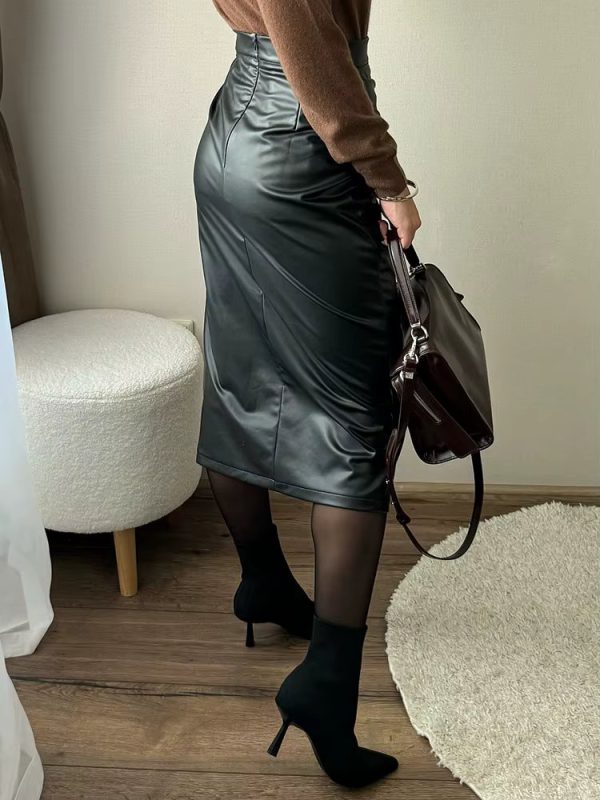 Split High Waist Fashion Zipper PU Front Slit Faux Leather Skirts - Image 7