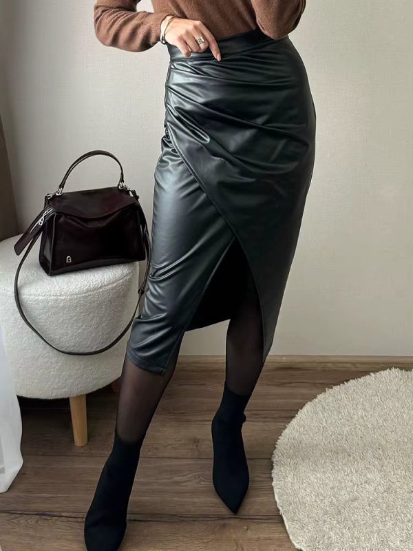 Split High Waist Fashion Zipper PU Front Slit Faux Leather Skirts - Image 8