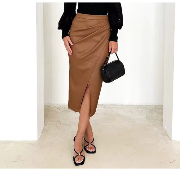 Split High Waist Fashion Zipper PU Front Slit Faux Leather Skirts - Image 9