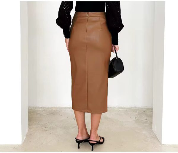 Split High Waist Fashion Zipper PU Front Slit Faux Leather Skirts - Image 10