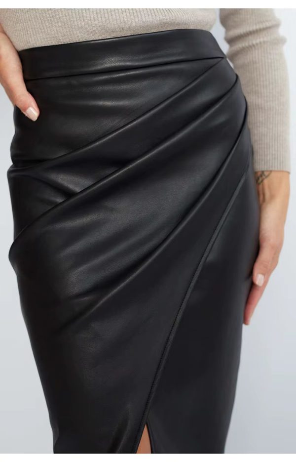 Split High Waist Fashion Zipper PU Front Slit Faux Leather Skirts - Image 12