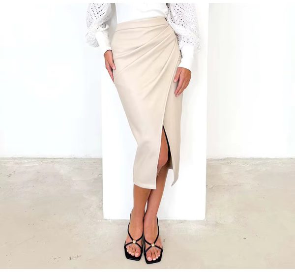Split High Waist Fashion Zipper PU Front Slit Faux Leather Skirts - Image 3