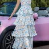 Square Neck Tiered Pattern A-Line Floral Maxi Long Dress - Image 2