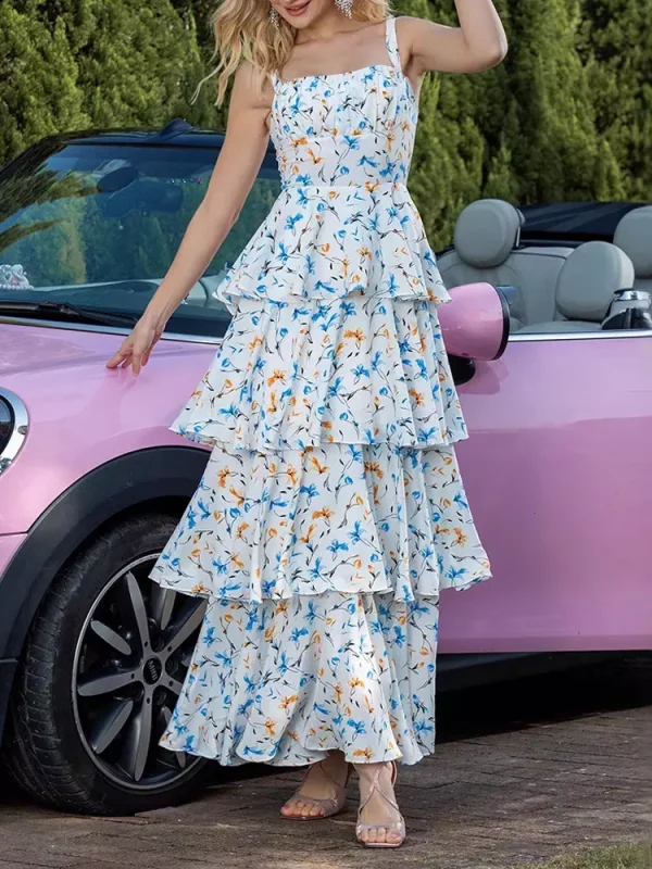 Square Neck Tiered Pattern A-Line Floral Maxi Long Dress - Image 2
