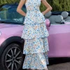 Square Neck Tiered Pattern A-Line Floral Maxi Long Dress - Image 4