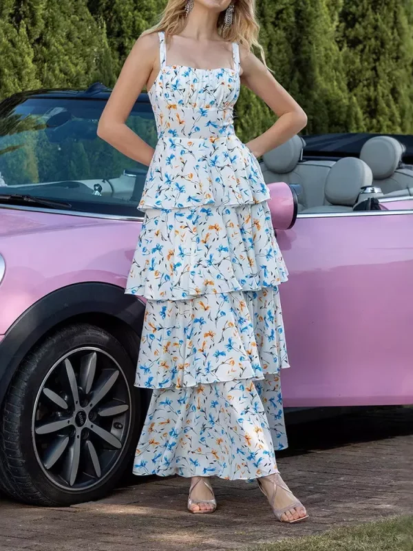 Square Neck Tiered Pattern A-Line Floral Maxi Long Dress - Image 4