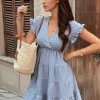 V-neck Polka Dot Texture Tiered Fashion Mini Dress