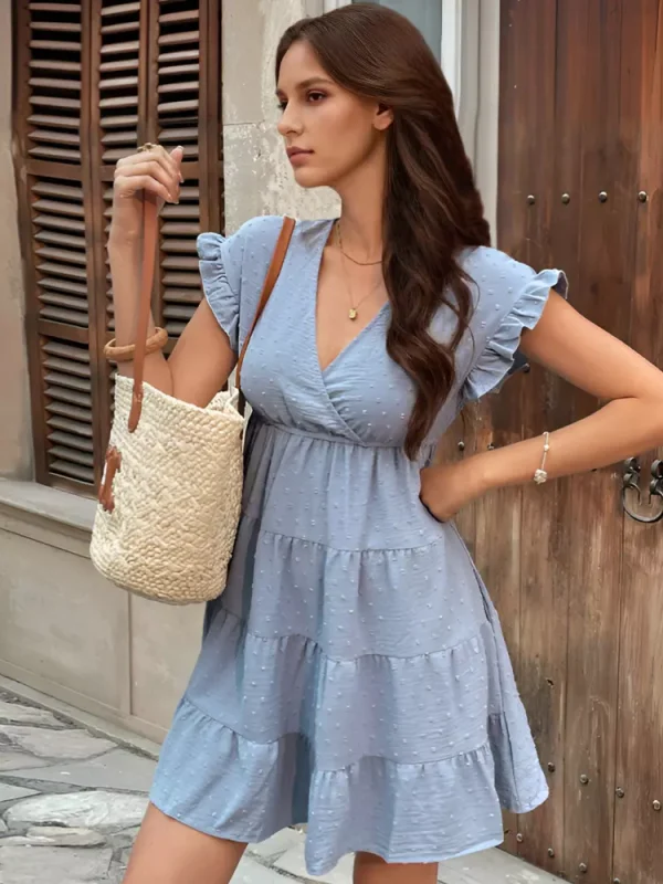 V-neck Polka Dot Texture Tiered Fashion Mini Dress