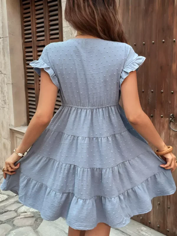 V-neck Polka Dot Texture Tiered Fashion Mini Dress - Image 3