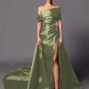 A-Line Off-The-Shoulder With Train Sleeveless Lace-up Pleated Satin Pageant Dresses