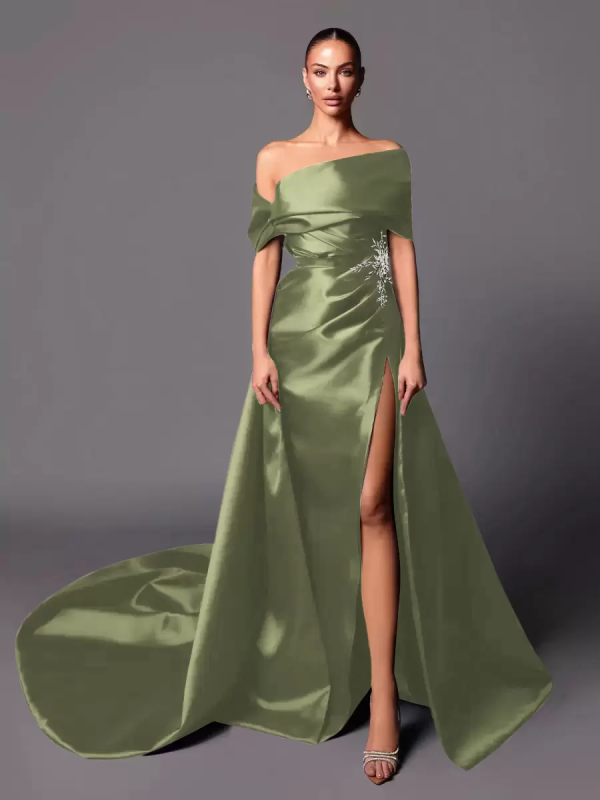 A-Line Off-The-Shoulder With Train Sleeveless Lace-up Pleated Satin Pageant Dresses