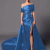 A-Line Off-The-Shoulder With Train Sleeveless Lace-up Pleated Satin Pageant Dresses - Image 10