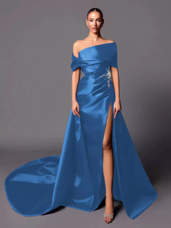 A-Line Off-The-Shoulder With Train Sleeveless Lace-up Pleated Satin Pageant Dresses - Image 10