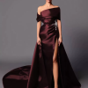 A-Line Off-The-Shoulder With Train Sleeveless Lace-up Pleated Satin Pageant Dresses - Image 11