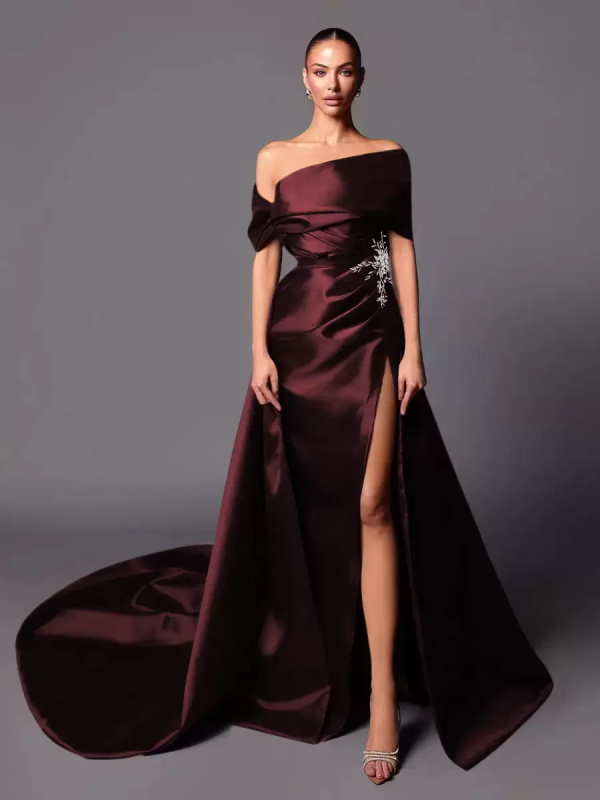 A-Line Off-The-Shoulder With Train Sleeveless Lace-up Pleated Satin Pageant Dresses - Image 11