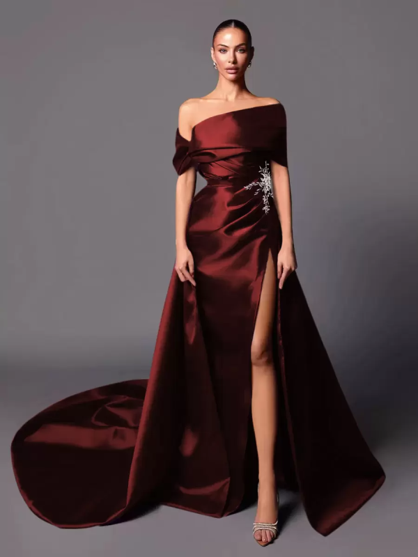 A-Line Off-The-Shoulder With Train Sleeveless Lace-up Pleated Satin Pageant Dresses - Image 12