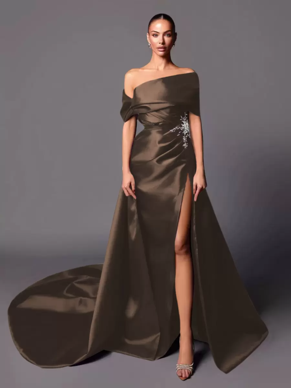 A-Line Off-The-Shoulder With Train Sleeveless Lace-up Pleated Satin Pageant Dresses - Image 13