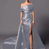 A-Line Off-The-Shoulder With Train Sleeveless Lace-up Pleated Satin Pageant Dresses - Image 14