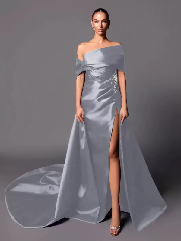 A-Line Off-The-Shoulder With Train Sleeveless Lace-up Pleated Satin Pageant Dresses - Image 14