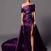 A-Line Off-The-Shoulder With Train Sleeveless Lace-up Pleated Satin Pageant Dresses - Image 15