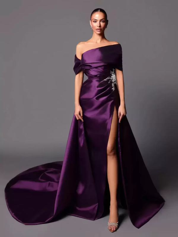 A-Line Off-The-Shoulder With Train Sleeveless Lace-up Pleated Satin Pageant Dresses - Image 15