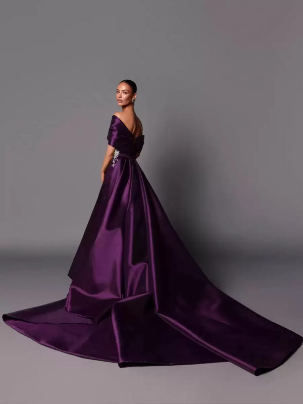 A-Line Off-The-Shoulder With Train Sleeveless Lace-up Pleated Satin Pageant Dresses - Image 16