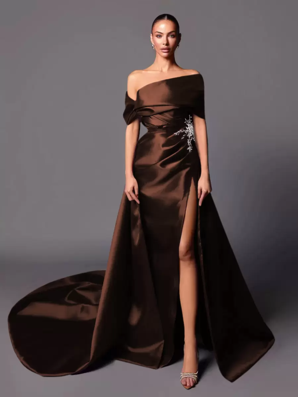 A-Line Off-The-Shoulder With Train Sleeveless Lace-up Pleated Satin Pageant Dresses - Image 17