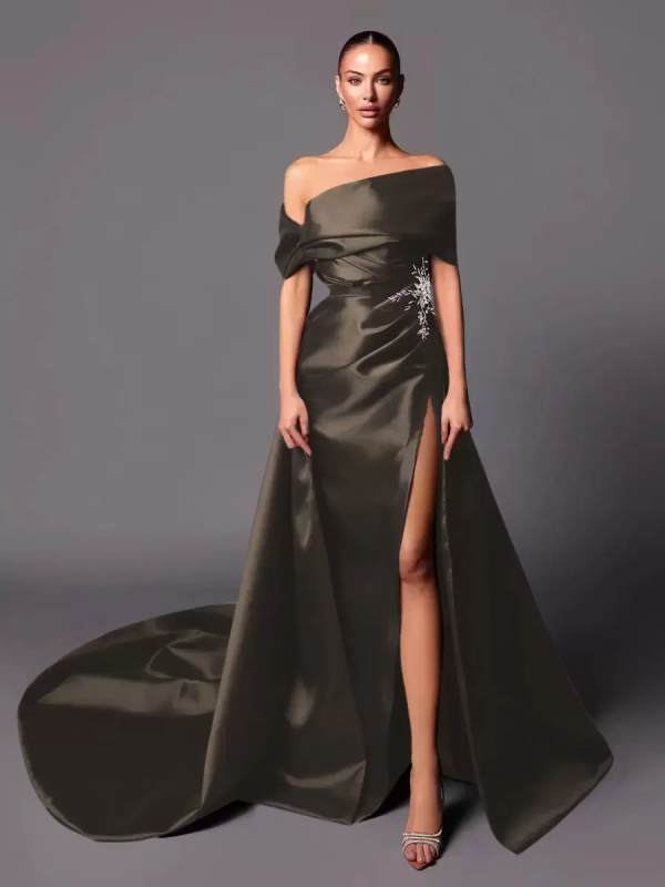 A-Line Off-The-Shoulder With Train Sleeveless Lace-up Pleated Satin Pageant Dresses - Image 18