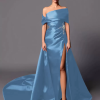 A-Line Off-The-Shoulder With Train Sleeveless Lace-up Pleated Satin Pageant Dresses - Image 3