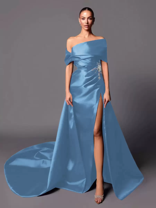 A-Line Off-The-Shoulder With Train Sleeveless Lace-up Pleated Satin Pageant Dresses - Image 3