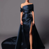 A-Line Off-The-Shoulder With Train Sleeveless Lace-up Pleated Satin Pageant Dresses - Image 4