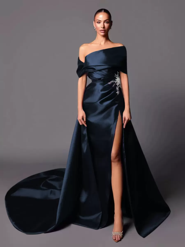A-Line Off-The-Shoulder With Train Sleeveless Lace-up Pleated Satin Pageant Dresses - Image 4