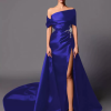 A-Line Off-The-Shoulder With Train Sleeveless Lace-up Pleated Satin Pageant Dresses - Image 5