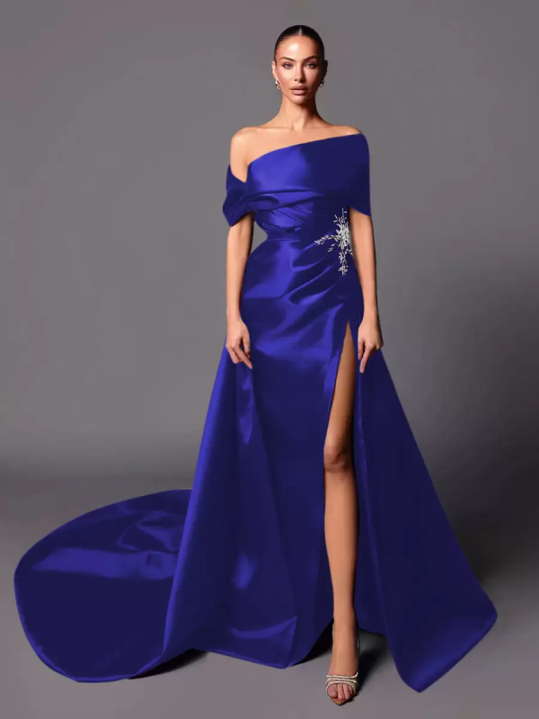 A-Line Off-The-Shoulder With Train Sleeveless Lace-up Pleated Satin Pageant Dresses - Image 5