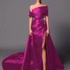 A-Line Off-The-Shoulder With Train Sleeveless Lace-up Pleated Satin Pageant Dresses - Image 6