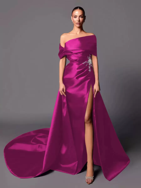 A-Line Off-The-Shoulder With Train Sleeveless Lace-up Pleated Satin Pageant Dresses - Image 6