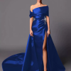 A-Line Off-The-Shoulder With Train Sleeveless Lace-up Pleated Satin Pageant Dresses - Image 7