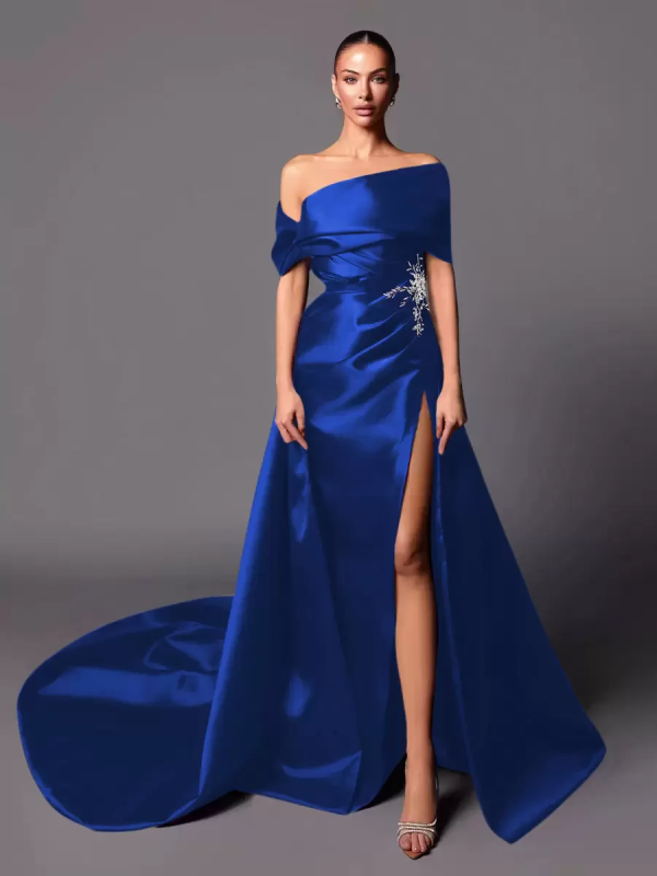A-Line Off-The-Shoulder With Train Sleeveless Lace-up Pleated Satin Pageant Dresses - Image 7